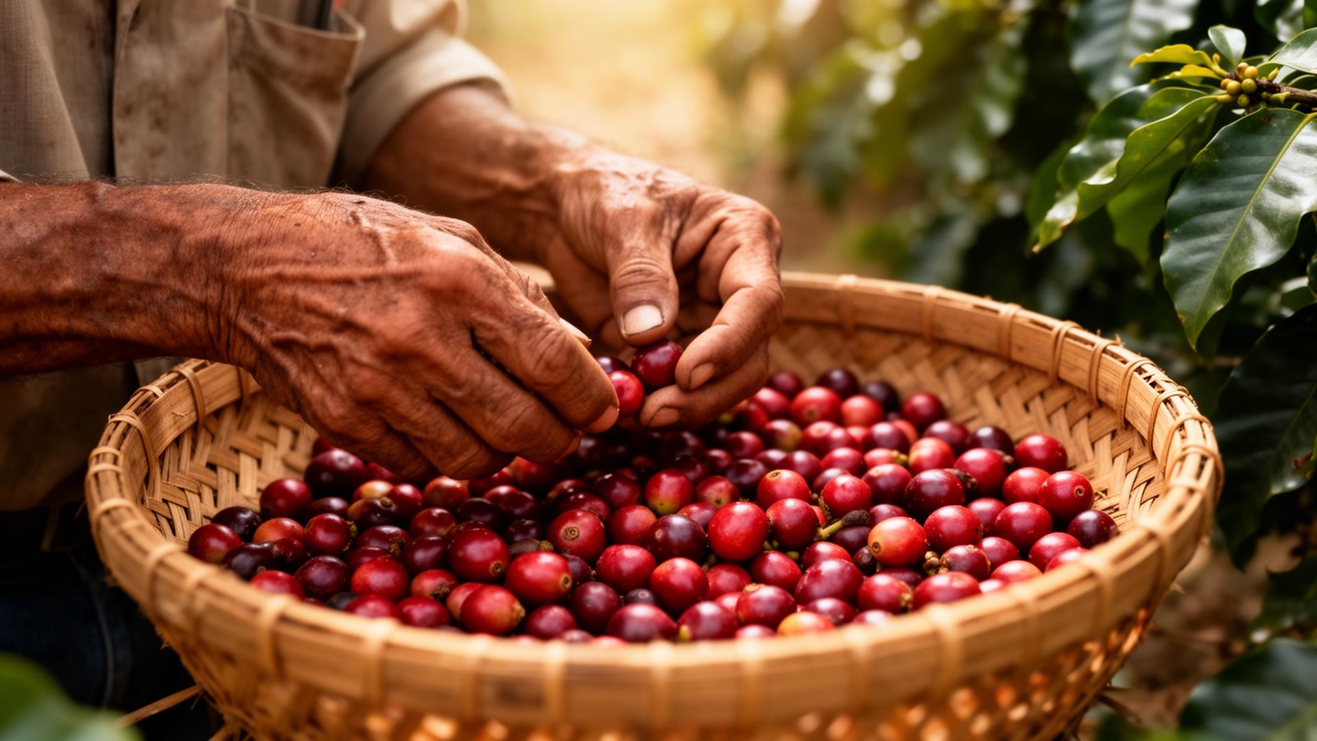 Manos seleccionando cerezas de café maduras en una finca mexicana